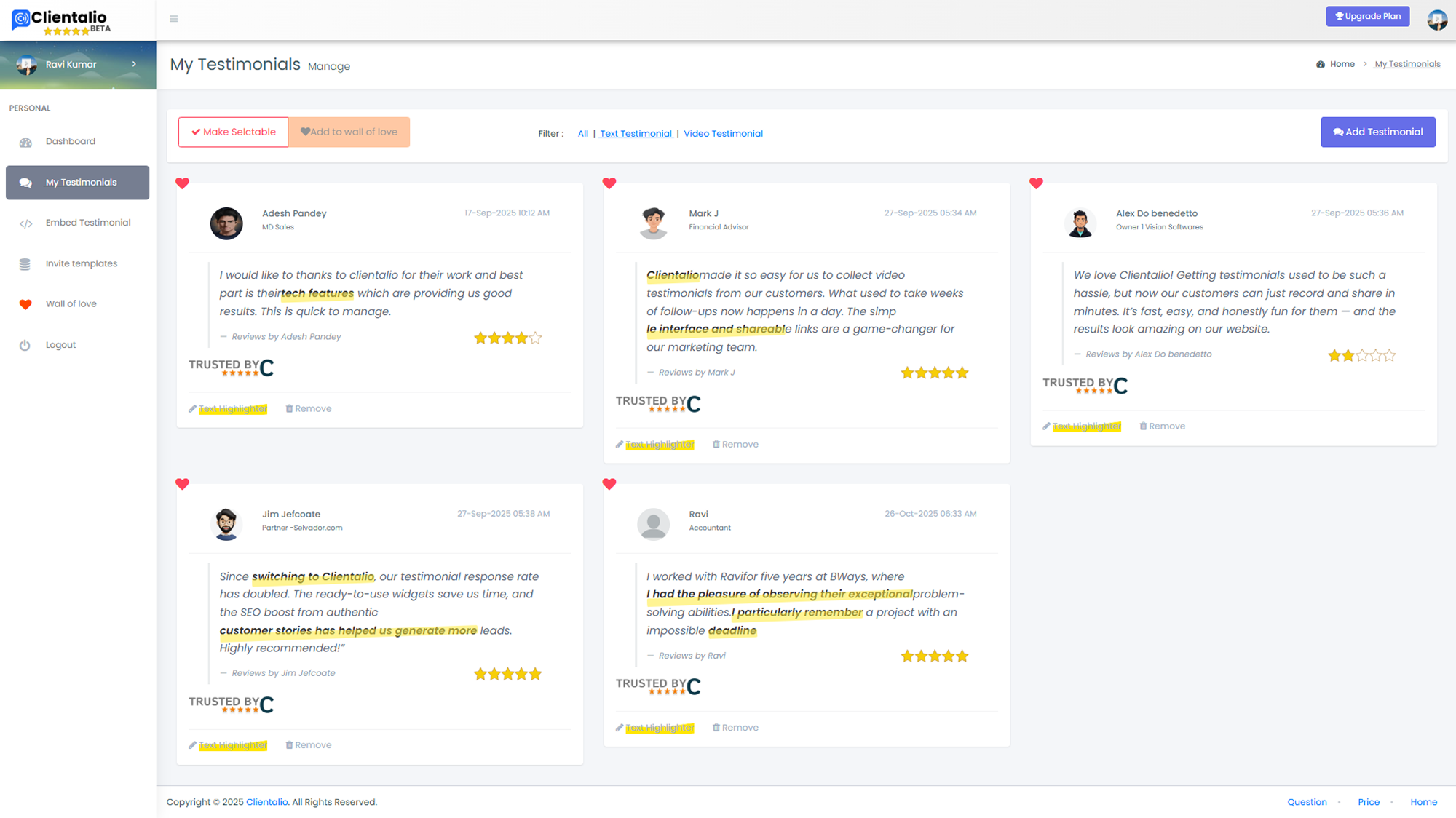 Clientalio dashboard for managing customer testimonials